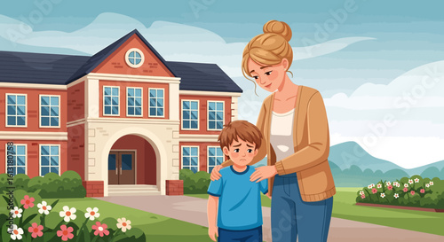 Adobe illustrator artwork vector illustration of a mother comforting her sad child outside a school building, showing emotional support, parenting care, and back-to-school moments.