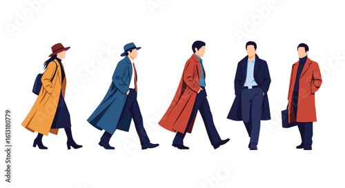 Diverse Group of Individuals Walking in Stylish Outerwear on a White Background