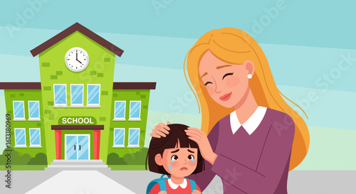 Adobe illustrator artwork vector illustration of a mother comforting her sad child outside a school building, showing emotional support, parenting care, and back-to-school moments.