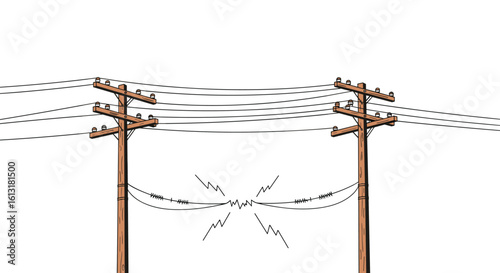 Electrical Power Lines Transmitting Energy Between Utility Poles Overhead Wires Vibrating Wire Sparks Visible