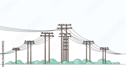Illustrative Depiction of Electrical Power Distribution Infrastructure Supported by Wooden Poles and Overhead Cables