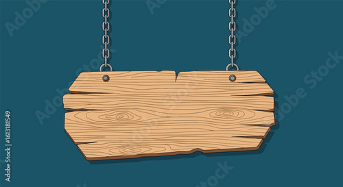 Old Wooden Sign Hanging from Chains Against a Deep Blue Background