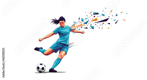 Dynamic Female Athlete Kicking Soccer Ball with Exploding Abstract Shapes