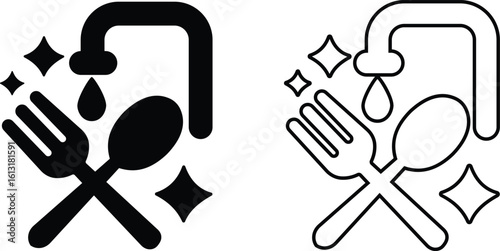 Cleaning icon set, black vector group of hygiene, dishwashing, sanitizing and housekeeping tools in flat and line style, cleaning equipment collection, disinfect, mop, wipe symbols