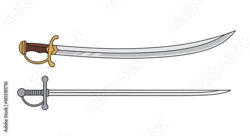 Two Distinct Curved Sabers Displayed with Different Crossguard Designs Ready for Battle Preparation