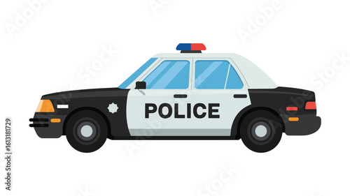 Black white police car with red blue lights vehicle transportation