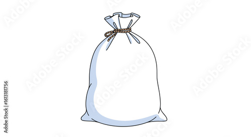 A simple white drawstring bag on a white background with a wooden tie
