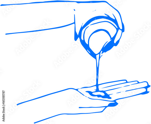 A hand pouring liquid onto another hand — gesture of cleansing or care