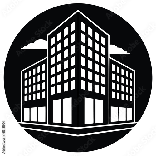 Office Bulding vector silhouette Single collection, Office Buildings Icon Square Button Set
