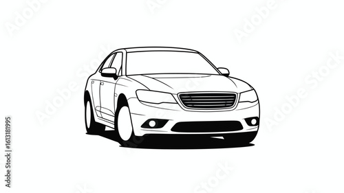 Detailed line art illustration of a modern sedan front view automobile vehicle