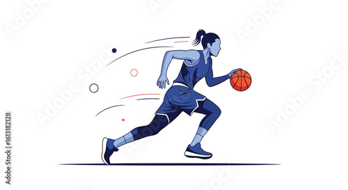 Athletic woman dribbling a basketball while running on a court displaying motion