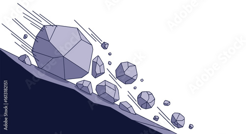 Animated illustration of rocks tumbling down a steep mountainside at high speed
