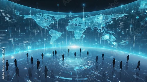 Diverse global team collaborates in futuristic digital command center visualizing world data and connections with bright innovation.