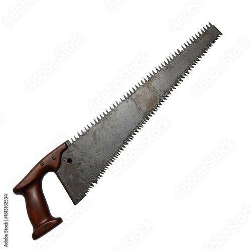 Vintage hand saw with wooden handle isolated on transparent background