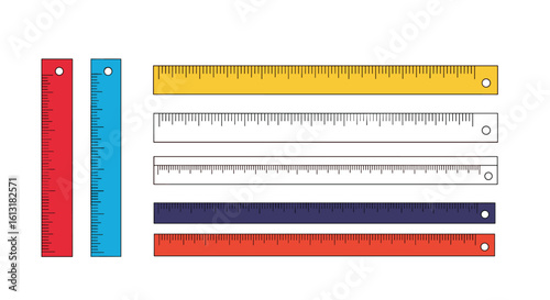 Collection of Measuring Tools Including Rulers of Various Colors and Sizes for Precision Work