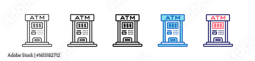 Atm Machine Icon In 5 Different Styles Set Collection.  