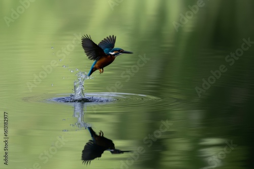 Kingfisher takes flight from water bird splash