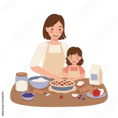 Mother and child preparing pie together at table