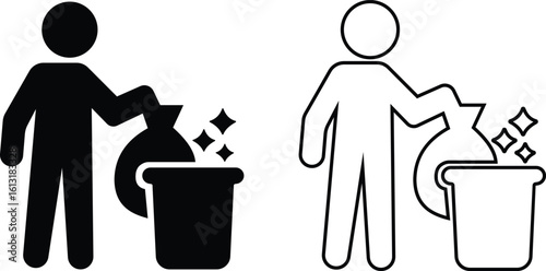 Cleaning icon set, black vector group of hygiene, sanitizing and housekeeping tools in flat and line style, cleaning equipment collection, disinfect, mop, wipe symbols