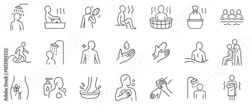 Personal hygiene and spa wellness activities represented in clean line style vector illustration set. Includes showering, bathing, steam, hot water, soap, massage, sauna and skincare icons.
