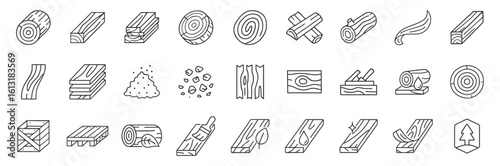 Wood materials, lumber textures, and timber processing tools illustrated in thin line vector illustration set. Includes logs, planks, sawdust, wood grains, planing, sanding and finishing icons.