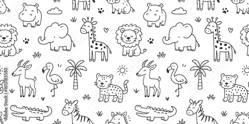 African animals doodle icon seamless pattern. Cute hand drawn sketch illustrations of giraffe, lion, elephant, zebra, flamingo, crocodile. Black and white cartoon art for safari wildlife.