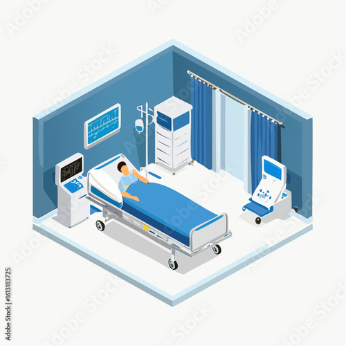 Isometric illustration of a hospital room featuring a patient in bed, medical equipment, IV drip, and blue color scheme.
