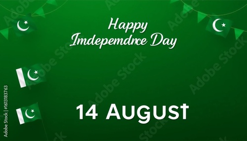Happy Independence Day of Pakistan. Illustration of holiday 14 August is the day of independence of Pakistan. Symbolic green color flags.
