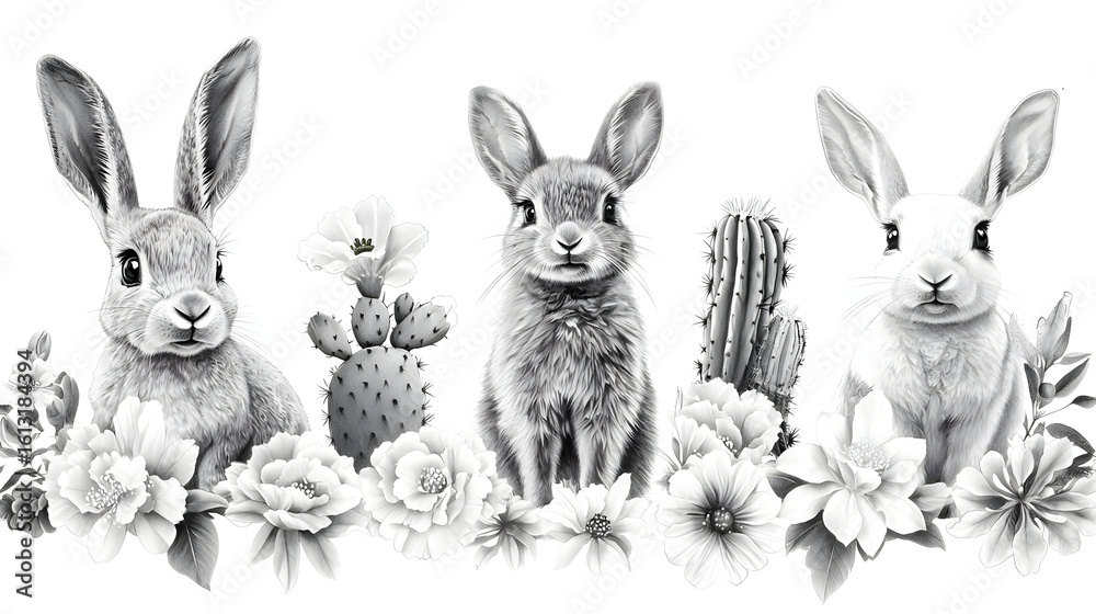 Fototapeta premium Three adorable bunnies in a grayscale floral desert scene