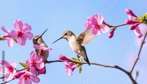 Hummingbird Feeding on Pink Blossoms
