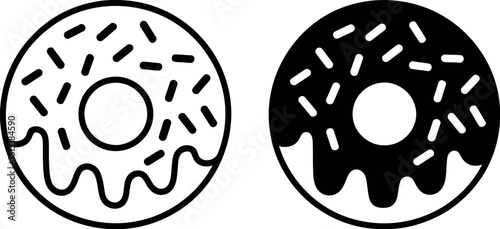 Two donuts one in outline and one in solid black with sprinkles and dripping frosting design