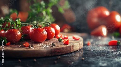 Fresh tomatoes on wooden cutting board with herbs and salt for cooking healthy food product branding visuals