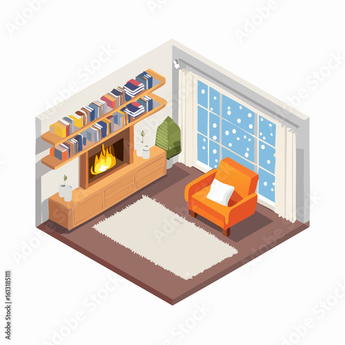 Isometric view of a cozy living room with a burning fireplace, an orange armchair, and a window showing a snowy winter landscape.