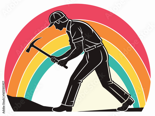 Retro Style Geologist or Miner Silhouette with Hammer Against a Colorful Rainbow Background