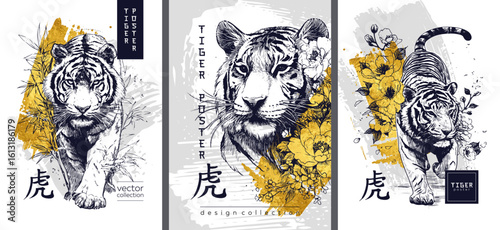 Explore the artistic and vibrant tiger portraits created in a modern stylistic approach. Hand-drawn sketch. Translation of hieroglyphs: tiger.