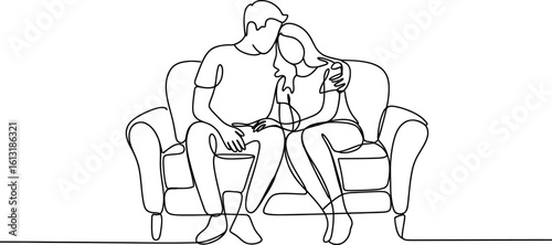Continuous line drawing of a couple sitting on a couch embracing each other in black and white art