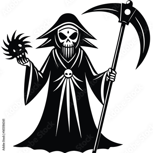 Black cartoon grim reaper holding spiky ball and scythe death skeleton