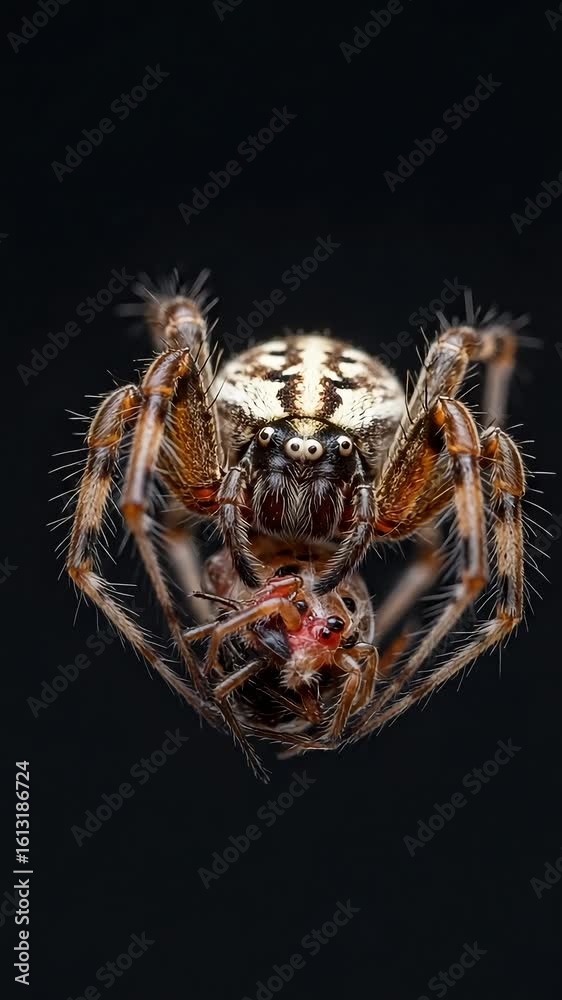 Close-up of spider capturing prey with detailed textures against black Close-up of spider capturing prey with detailed textures against black