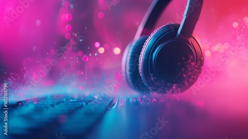 Neon headphones with water splash effect for energetic music lifestyle and sound design visuals background