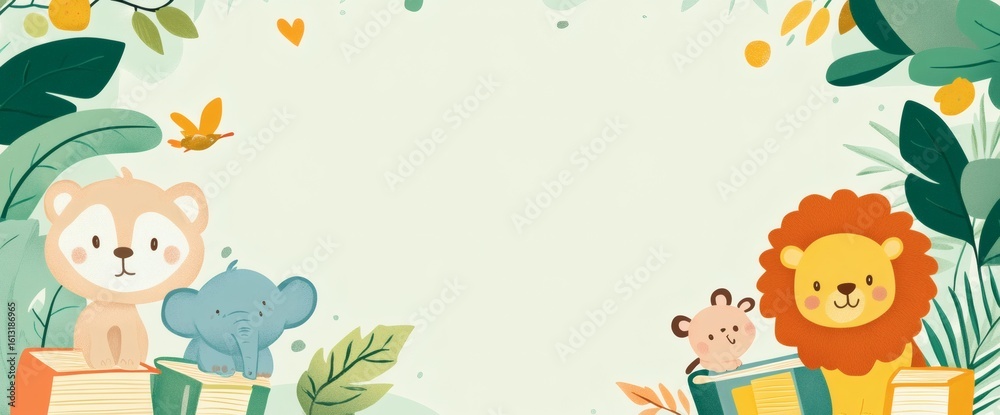 Obraz premium Cute International Childrens Book Day border with toy animals and storybooks offering space for messages concept as Cute book day frame featuring toy animals