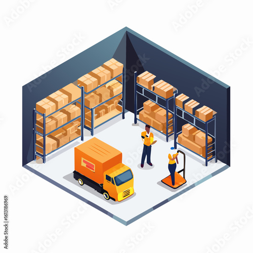 Warehouse workers manage inventory, loading delivery truck with cardboard boxes.