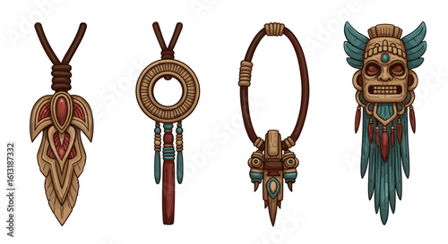 Ancient tribal amulet necklaces showcasing ethnic designs and colorful details.