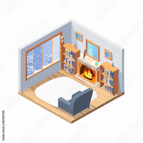 Cozy isometric living room scene with a roaring fireplace, bookshelves, and a window showing a snowy winter landscape.
