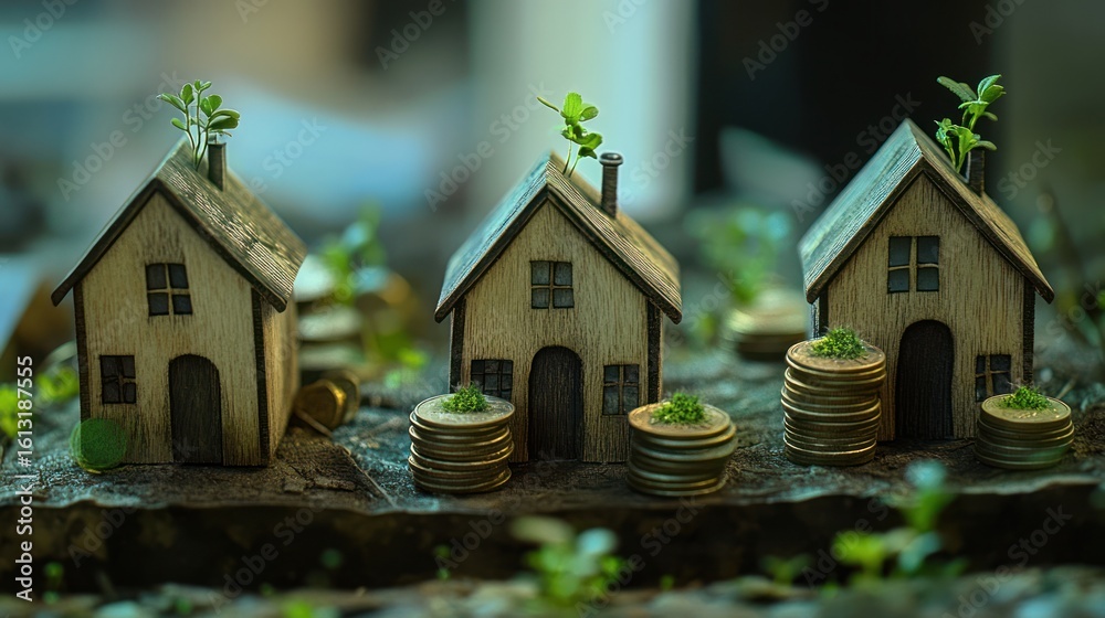 Miniature houses with coins and plants representing real estate investment Miniature houses with coins and plants representing real estate investment