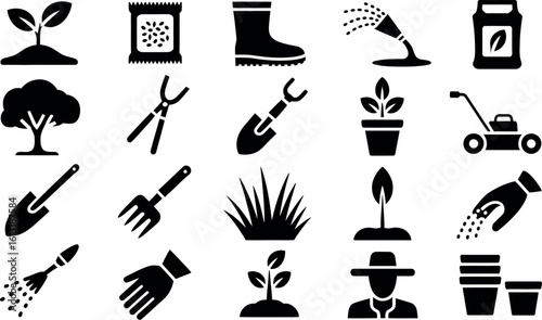 A collection of black and white gardening icons depicting tools, plants, and gardening activities