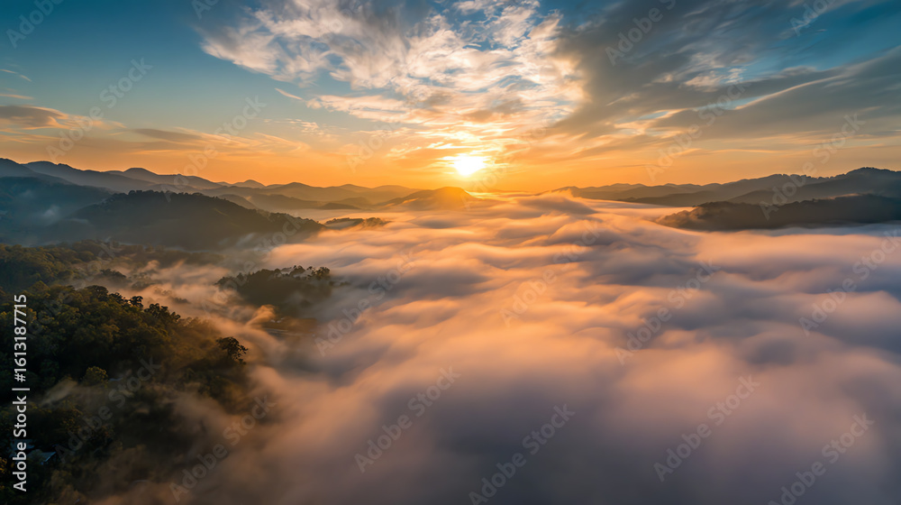 Fototapeta premium A breathtaking sunrise illuminates a fog-covered valley, showcasing the stunning beauty of nature and serene atmosphere.