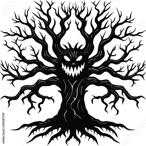 Black silhouette of a menacing gnarled tree with a monster face white