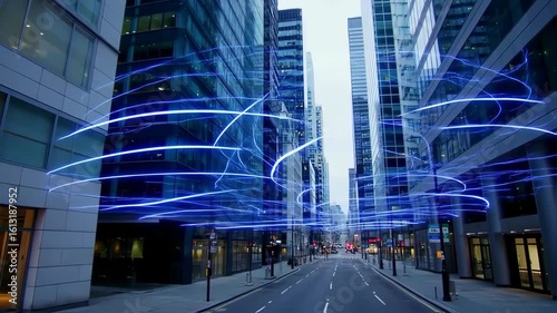 Futuristic City Street with Light Trails and High-Rise Buildings during Daylight