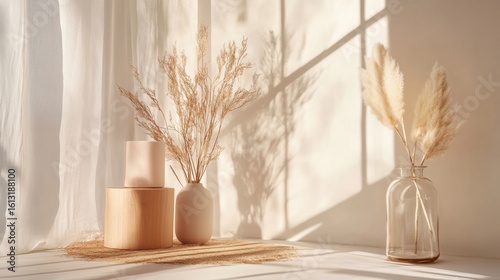 Neutral tones dried pampas grass in vases with sunlight for home interior calm lifestyle decor product visuals