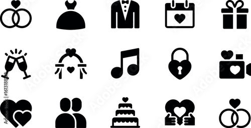A collection of wedding related icons including rings dress tuxedo calendar gift and more icons set up